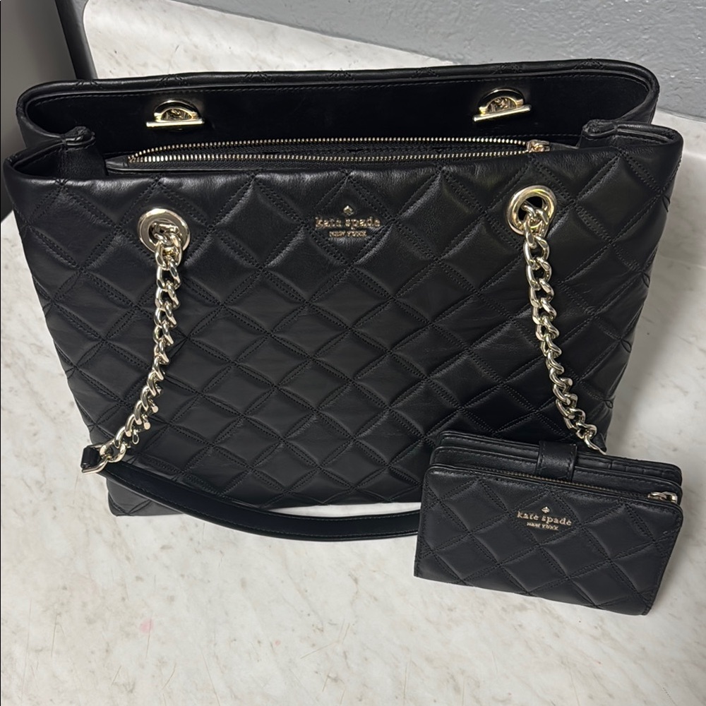 Kate Spade Black Quilted Tote with Gold Chain Straps